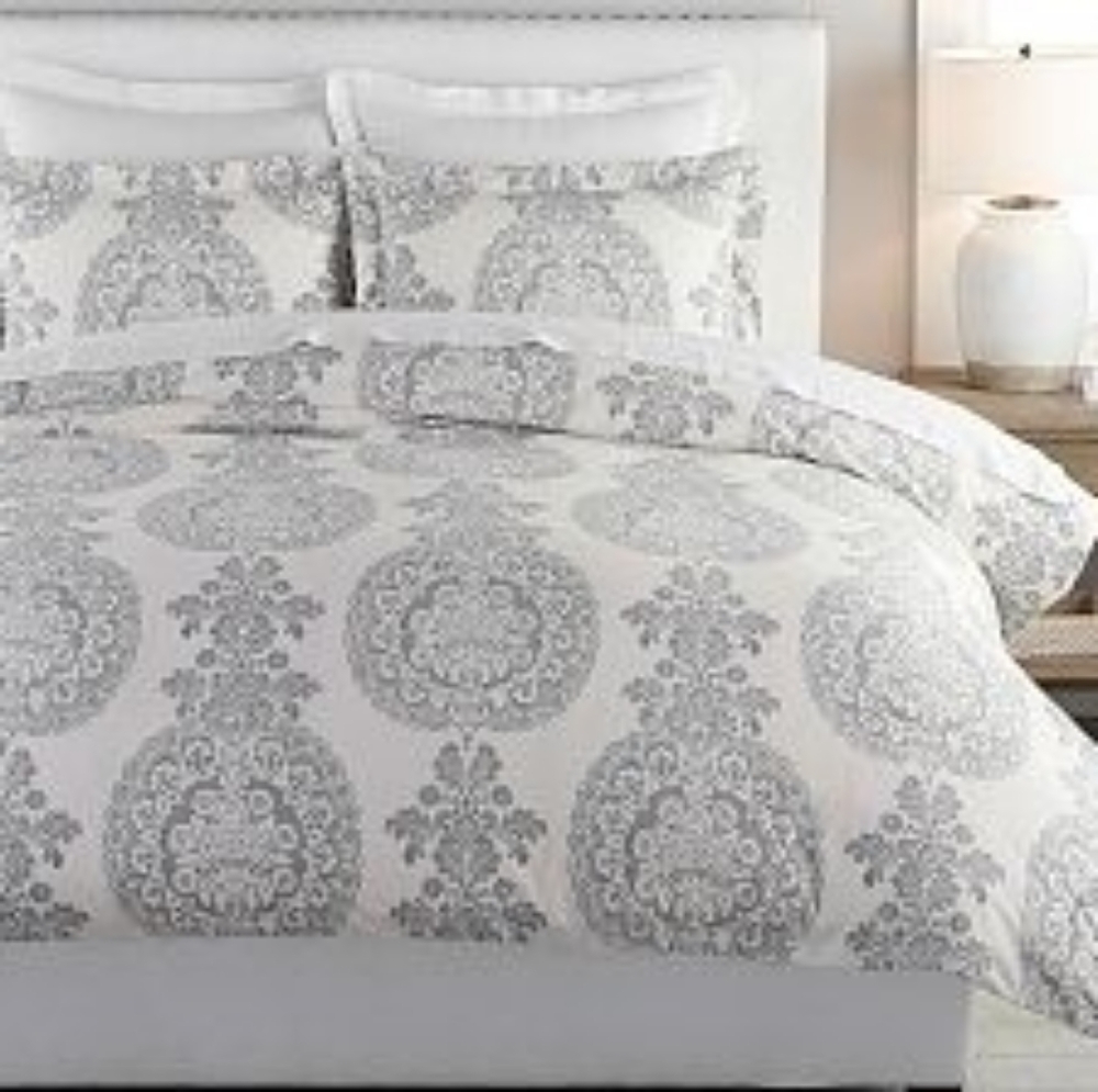 Pottery Barn Cream and Gray Floral Bedding